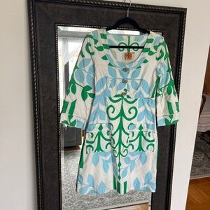 Tory Burch cotton, green, ivory and blue short cotton dress with 3/4 sleeves